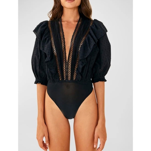 FARM Rio Tops - FARM Rio Black Lace-Trim Puff-Sleeve Bodysuit